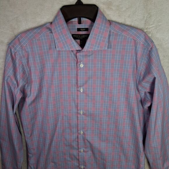 PRONTO Uomo Dress Shirt Mens 16 32 33 Slim Fit Non-Iron Plaid Cotton Blue Pink - Picture 3 of 6